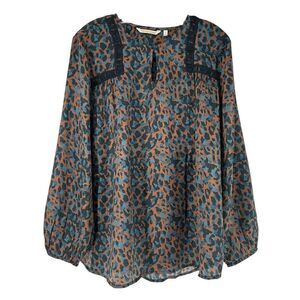 Soft Surroundings Gianna Copper Teal Animal Print Top Long Sleeve Size L Silky